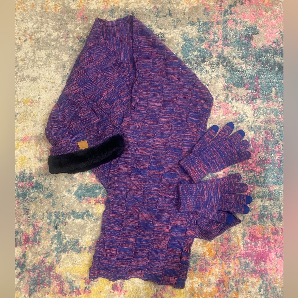 Purple & Pink Knit Scarf, Hat and Gloves Set